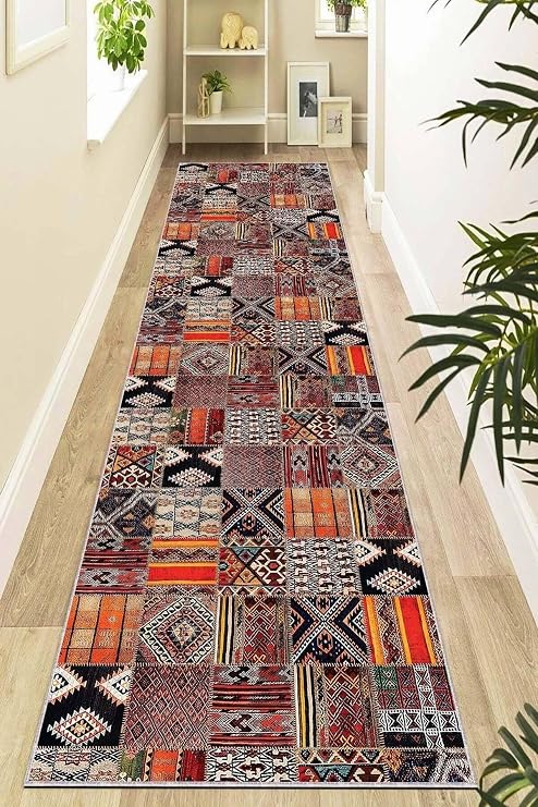 Viva Home Kaymaz Tabanlı Makinede Yıkanabilir Patchwork Rulo Yolluk Halı, Turuncu, 60 X 300