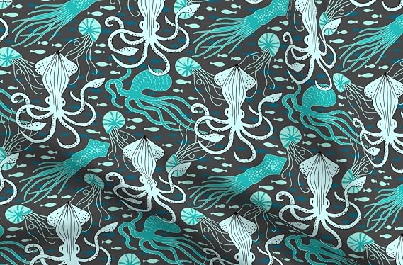 Spoonflower Fabric Turquoise Large Squid Fish on Chiffon