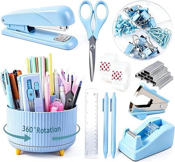 Gawsey Blue Desk Organizers and Accessories with Desk Organizer 360 Rotating Pen Holder and Office Supplies, Cute Stationery Supplies Set