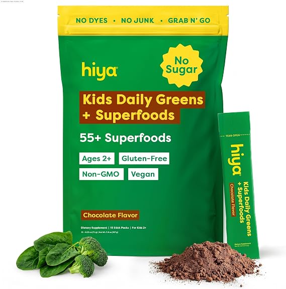 HIYA Kids Greens + Superfoods Powder, Chocolate, 55+ Whole-Foods, 0g Sugar