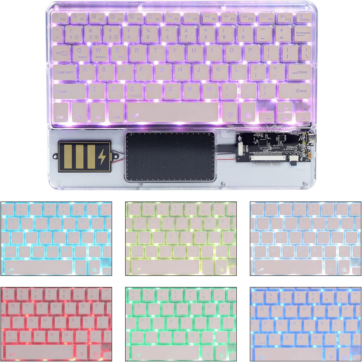 Ultra-Slim Bluetooth Keyboard 7 Colors Backlit Portable Mini Wireless Keyboard Rechargeable for Apple iPad iPhone Samsung Tablet Phone Smartphone iOS Android Windows-Transparent
