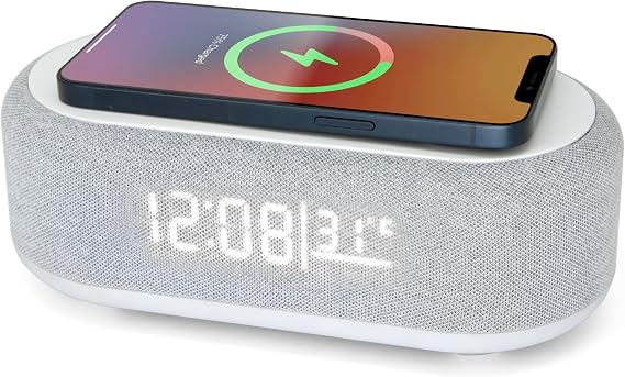 Westclox Fast Wireless Charging Alarm Clock with Speaker Night Light Digital Display Adjustable Brightness Indoor Temperature 12 or 24 Hour Time Electric Bedside Clock