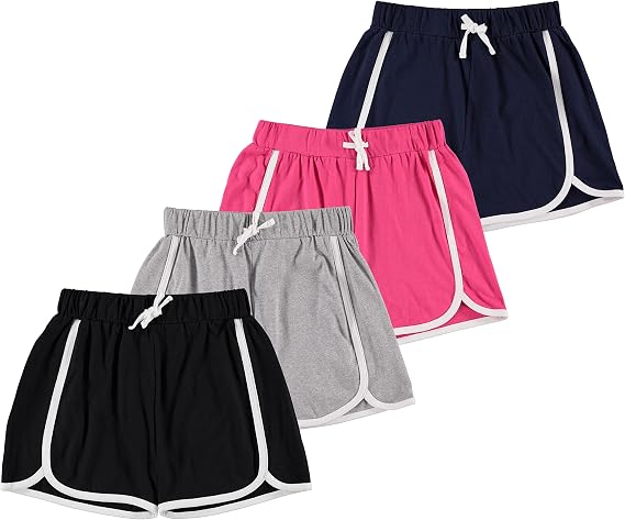 Pink Angel 4 Piece Dolphin Shorts for Girls, Running, Gym Workout Shorts for Kids, Activewear Drawstring Cotton Shorts