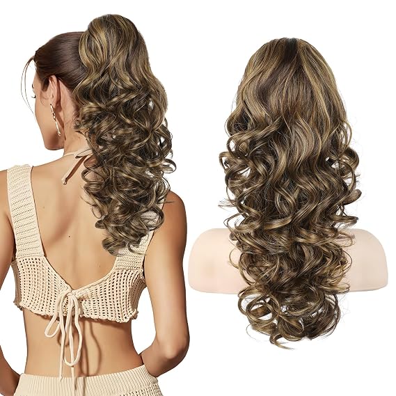 Flufymooz Ponytail Extension, 18 inch Wavy Curly Claw Clip Ponytail Extension Clip on Ponytails Natural Synthetic Hairpiece for Women Daily Wear (Chocolate Brown with Medium Blonde)