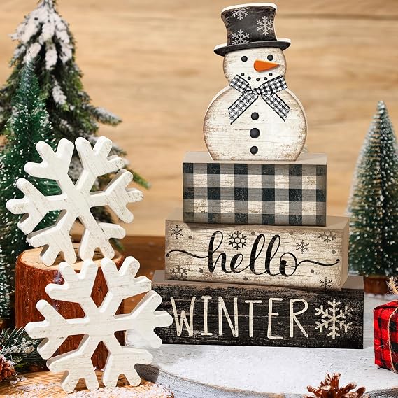 Colingmill 6 Pcs Snowman Christmas Decor Winter Table Decorations Xmas Tiered Tray Decor Wooden Snowman Snowflake Signs Christmas Table Centerpiece for Farmhouse Home Kitchen Shelf Office Decoration