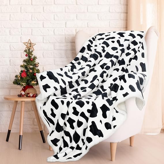 Cow Print Sherpa Flannel Blanket for All-Season,Super Soft Cozy Sofa&Bed Blanket,Lightweight,Warm Fuzzy Blanket for Kids(5060 inches Dalmatian)