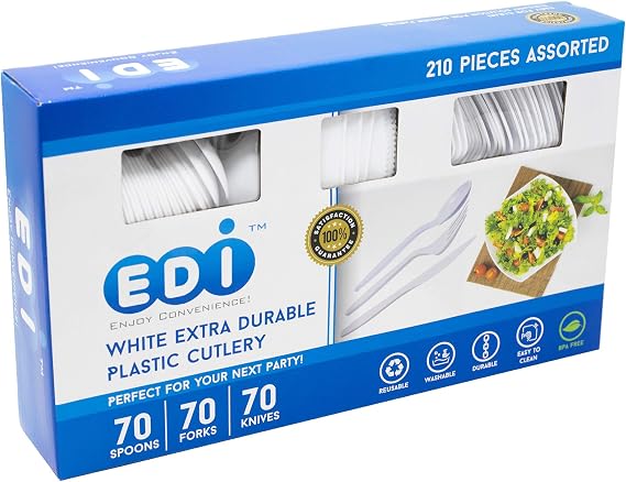 EDI [210 Piece] White Disposable Plastic Cutlery Set, Assorted - 70 Forks, 70 Knives, 70 Spoons | Extra Durable