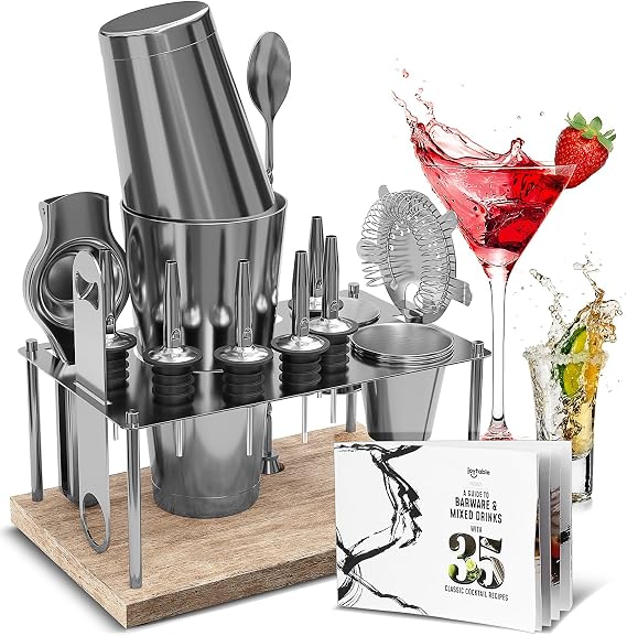Bar Set Cocktail Shaker Set Bartender Kit, 17 Piece Silver Cocktail Set, Mixology Bartender Kit with Wood Stand, Steel Cocktail Kit, Bar Accessories: 30oz Martini Shaker, Muddler, Cocktail Book & More