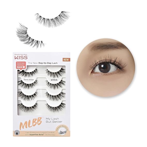 Kiss MLBB False Eyelashes, My Lash But Better, Bare Affair, 4 Pairs, 12mm, Lightweight, Stylish, Wispy Everyday Wear Strip Lashes, Superfine Band Technology, Reusable Eyelashes Natural Look