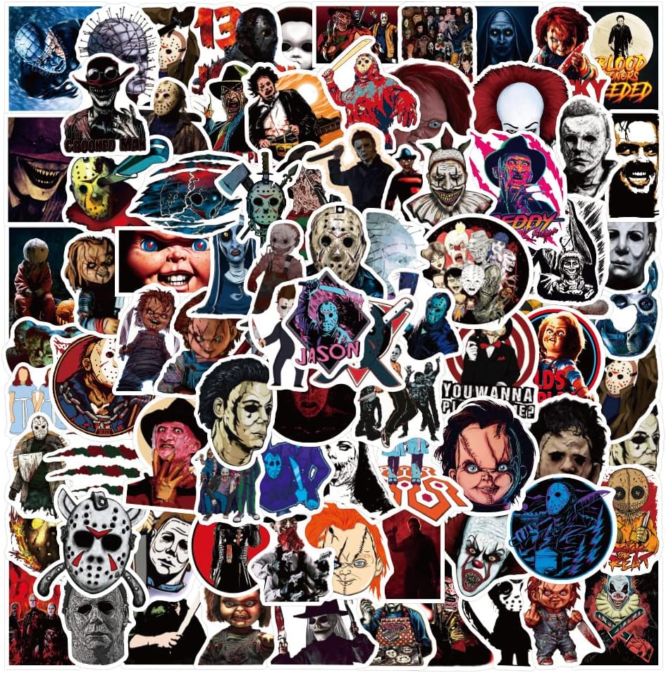 Classic Horror Character Stickers Halloween Stickers 100PCS, Laptop Vinyl Stickers for Water Bottle Bumper Skateboard Luggage Scrapbook, Waterproof Aesthetic Graffiti Decals for Kids Teens Boys