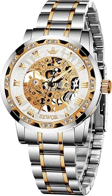 A ALPS Watches, Mens Watches Mechanical Hand-Winding Skeleton Classic Business Fashion Stainless Steel Steampunk Dress Watch
