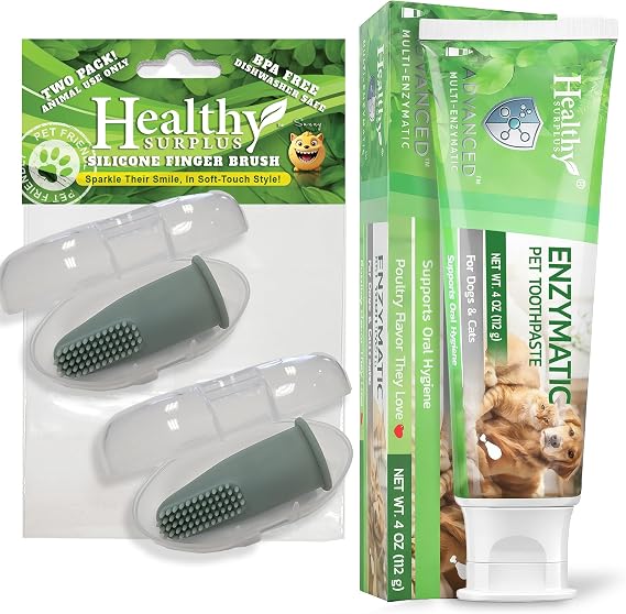 Enzymatic 4 Oz Poultry Flavored Pet Toothpaste and Silicone Fingerbrush Twin Pack | Fresh Breath, Plaque & Tartar Control | Dog & Cat Tooth Brushing Kit Oral Care for Pets