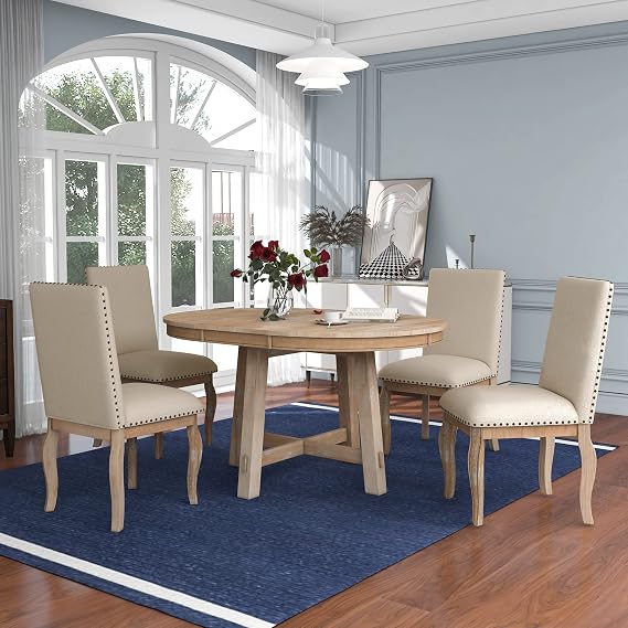 P PURLOVE 5 Pieces Dining Table Set Round Kitchen Extendable Dining Table with 4 Upholstered Chairs for Dining Room, Chair with Nail Head Trim, Bistro Table Set, Natural Wood Wash