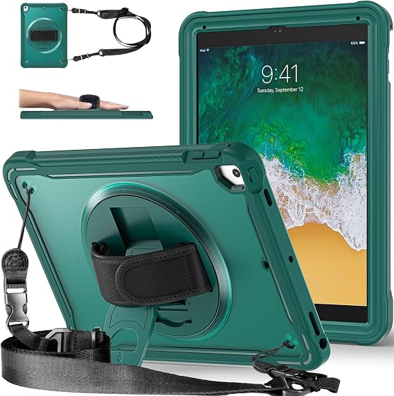 Case for iPad 5th Gen 6th Generation 9.7 inch, 360 Rotatable Hand Strap with Shoulder Strap Kickstand Pencil Holder Slim Translucent PC Back Cover for iPad5 iPad6 (iPad5/iPad6, Dark Green)