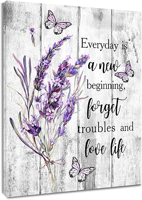LB Lavender Floral Wall Art Framed- Purple Butterfly Rustic Flower Grey Farmhouse Bathroom Wall Decor- Funny Motivational Canvas Prints for Bedroom Living Room Office, 12x16 inches