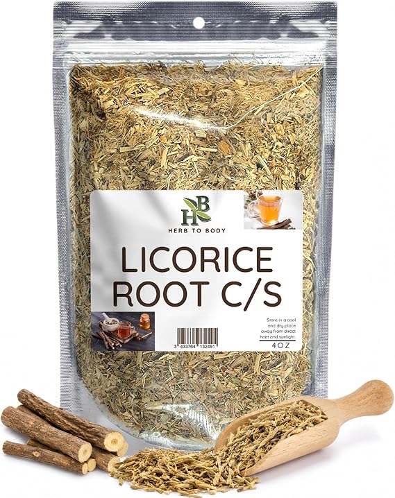 Herb To Body Licorice Root C/S - Glycyrrhiza Glabra, Cut & Sifted Dried Licorice Root for Licorice Root Tea, Herbal Tea, Blends, Baking & Culinary Use, Resealable Pouch, 4 oz
