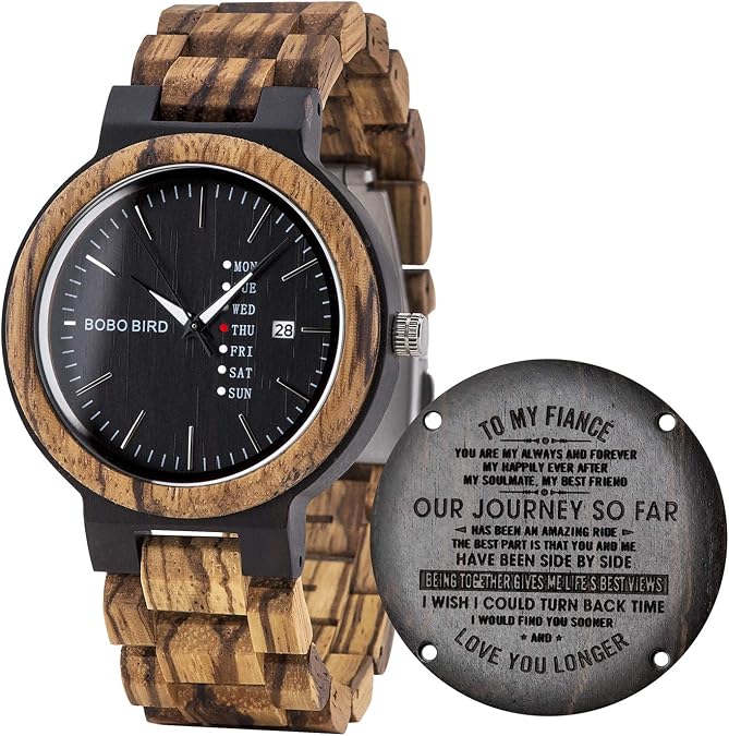 BOBO BIRD Mens Engraved Wood Watch for Men Boyfriend Husband Him As Personalized Anniversary Christmas Birthday Father Day Wooden Gifts Idea with Wood Box - to Fiance