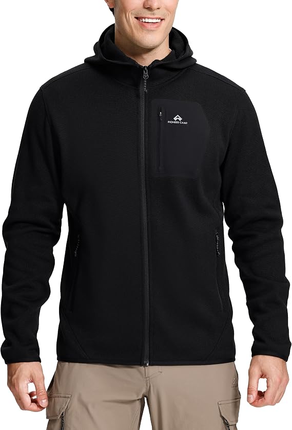 Pioneer Camp Mens Full Zip Fleece Jacket with Hood Chest Pocket Winter Warm Lightweight Outwear Coat Hiking Climbing Skiing