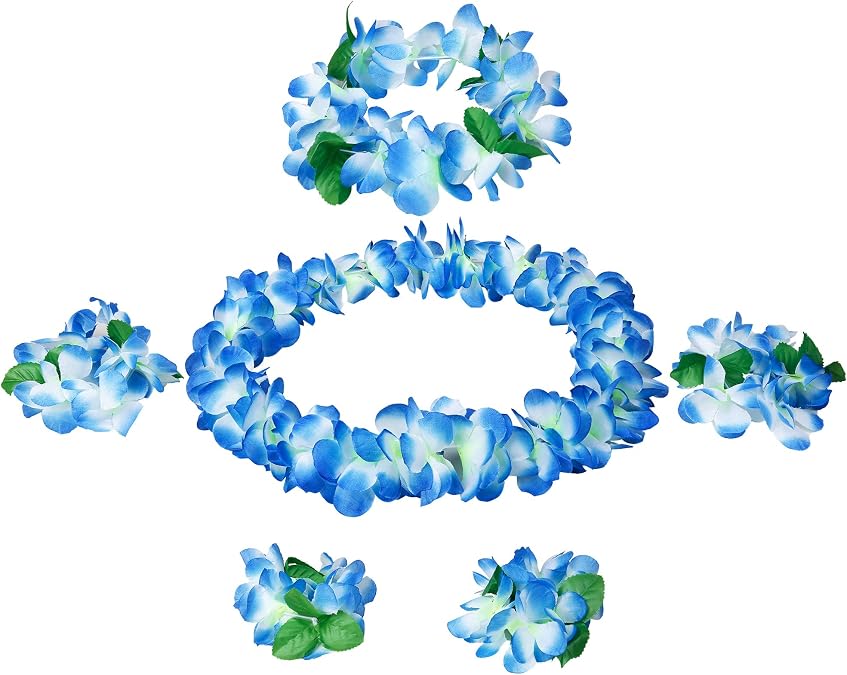 Udalyn Hawaiian Luau Flower Leis Jumbo Necklaces Bracelets Headband Anklets Set 6-7 Pack