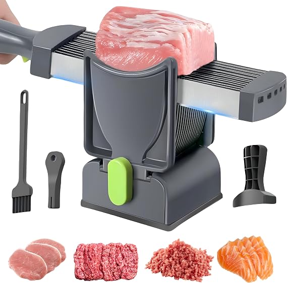 Fresh Meat Slicer, Meat Slicer Manual with 17 Stainless Steel Blades, Adjustable Thickness 2mm or 4mm, Cleaver Knife Set for Slicing, Dicing, Ideal for BBQ, Jerky, Meal Prep (Gray)