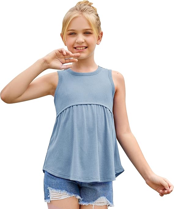 Fashare Girls Tank Top Summer Sleeveless T Shirt Ruffle Peplum Flowy Crewneck Casual Cute Tee Blouse Age 5-13