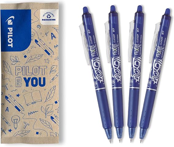 PILOT - FriXion Clicker 0.7 Set - 4 Stück: Blau - Radierbarer - Nachfüllbarer Gel-Tintenroller mit Druckmechanik und Thermosensitiver Tinte - Komfortables Schreiben - Mittlere Spitze