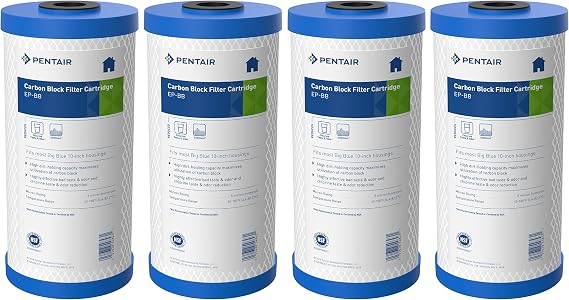 Pentair Pentek EP-BB Big Blue Carbon Water Filter, 10-Inch, Whole House Carbon Block Replacement Cartridge with Bonded Powdered Activated Carbon (PAC) Filter, 10" x 4.5", 5 Micron, Pack of 4