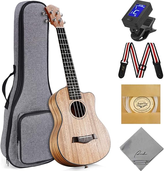 Ranch 26'' Tenor Ukulele, Cutaway Walnut Starter Kit with 12 Online Lessons | Premium Okoume neck for warm, resonant sound. Includes spare Aquila strings, tuner, strap, and 10mm padded gig bag