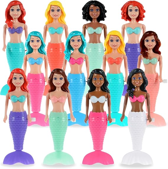 dollbie 12-Pack Wind-Up Mermaid Bath Toys for Kids -Toddler Bath Toys for Kids Moving Tail Priness Doll Diverse Hair Colors & Styles Mermaids, Swimming Pool Party Favors