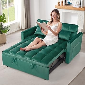 3 in 1 Pull Out Couch Bed, Convertible Futon Sofa Bed, Velvet Sleeper Loveseat for Small Living Room, Adjustable Backrest, Comfy Pillows, Side Pocket (Green)