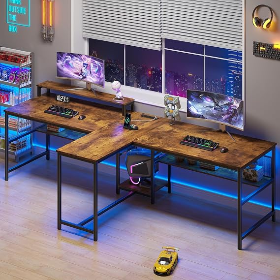 TVU 94.5 Inch 2 Person Gaming Desk with Power Outlet, Double Long Home Office Desk with Bookshelf, Two Person Desk with Monitor Stand, CPU Stand, Rustic Brown
