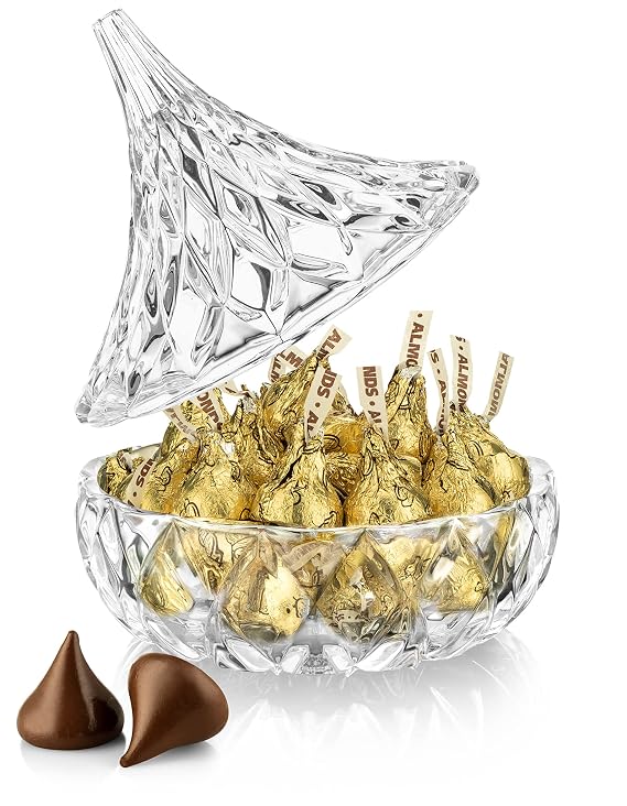 Hershey Kisses Valentines Day - 1 Pounds with Clear Crystal Hershey's Kiss Candy Dish - Individually Wrapped Hershey Kisses Milk Chocolate - Best Gift Idea (Gold Almond Foil)