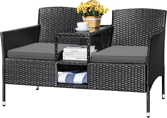 Devoko Outdoor Patio Loveseat Rattan 2-Seat Patio Conversation Set, Grey