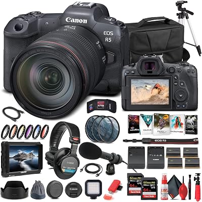 Canon EOS R5 Mirrorless Digital Camera with 24-105mm f4L Lens 4147C013  4K Monitor  Pro Headphones  Pro Mic  2 x 64GB Memory Card  Case  Corel Photo Software  Pro Tripod  More