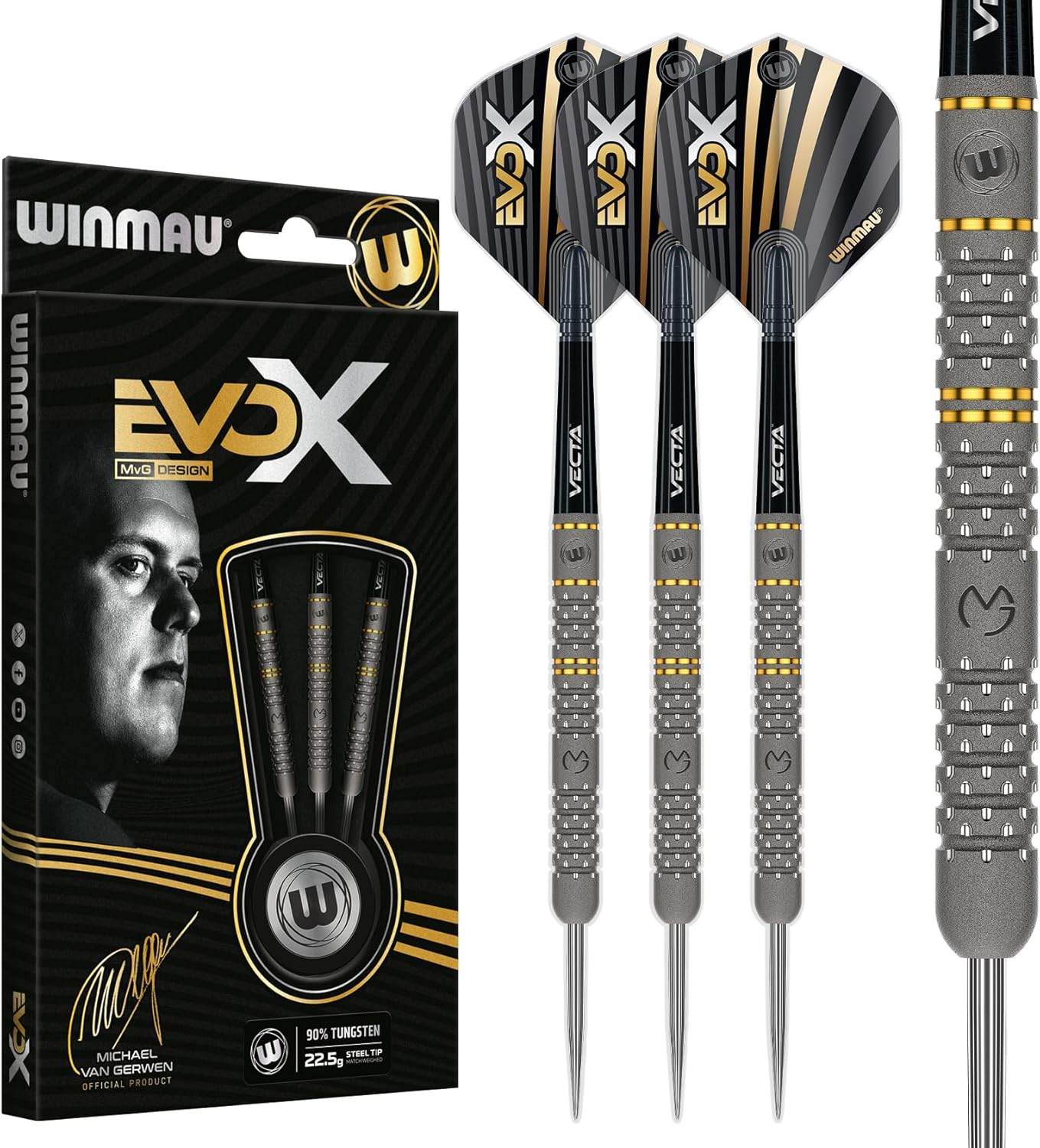 WINMAU – Michael Van Gerwen MvG - EvoX Professional Darts-Set mit Dart Flüge und Schäfte - Erhältlich in Weiche Spitze 18g Fass / 20g Volles Gewicht Und Stahlspitze 21g 22.5g & 24g