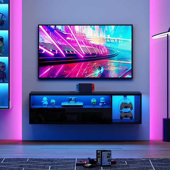 SogesPower Floating TV Stand Wall Mounted with Lights,LED TV Stand | Floating Entertainment Center with Storage for Bedroom Living room,Modern Floating Shelf for Under TV,Black 40inch