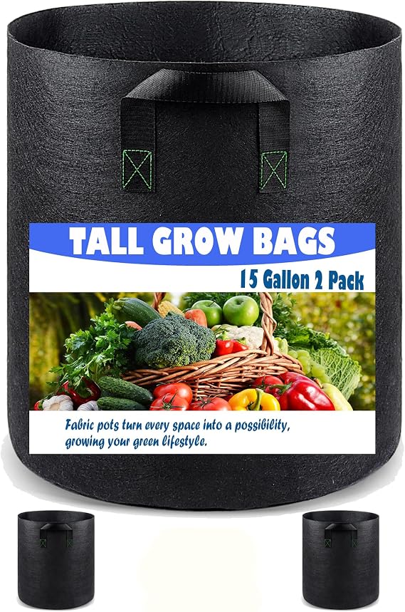 Tall Fabric Pots for Plants, 15 Gallon 2 Pack | Heavy Duty Nonwoven, Aeration Fabric, Deep Grow Pots, With Handles, For Vegetables