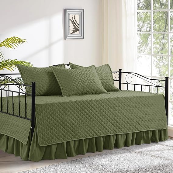 HOMBYS Daybed Cover Sets- Diamond Stitching Daybed Bedding Set, All Season Cozy Bedding with Bedskirt with Shams, Microfiber Filling, 5 Pieces, Olive-Green