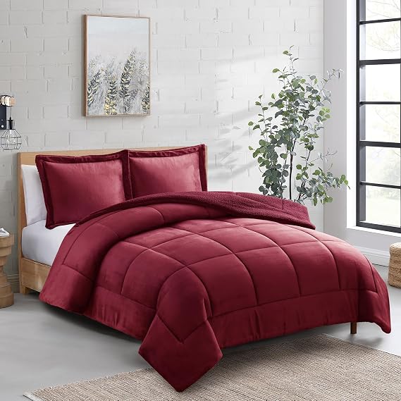 King 3 Piece Sherpa Comforter Set - Plush Bedding Ensemble with Soft Sherpa Texture and Coordinated Shams for Supreme Bedroom Comfort, King, Burgundy Red