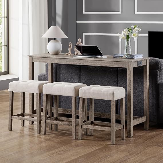 DUHOME 4 Piece Bar Table Set with Power Outlet,Industrial Breakfast Table with 3 Padded Stools Solid Wood Counter Height Dining Table Set for Living Room, Dining Room Cream+Brown