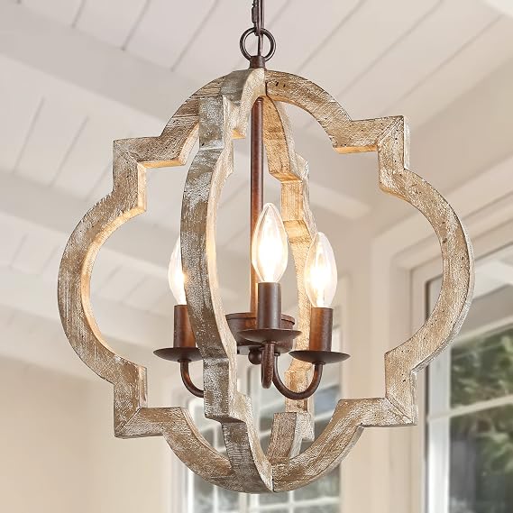 Farmhouse Orb Chandelier, Pendant Lighting in Handmade Wood Finish, Globe Light Fixture for Kitchen Island, Dining & Living Room, Foyer and Bedroom