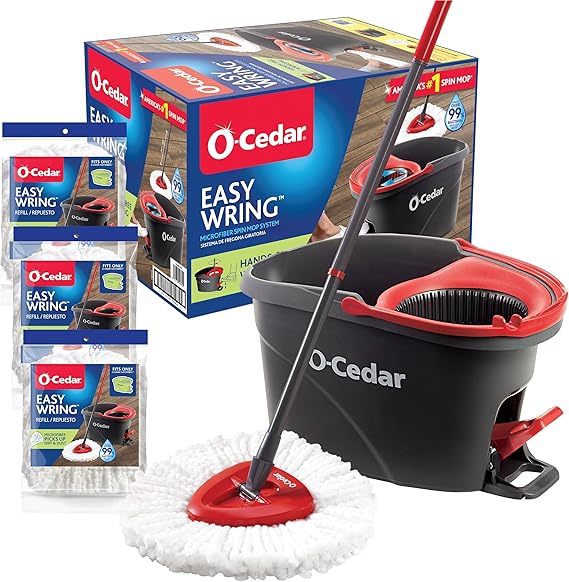 O-Cedar Easywring Microfiber Spin Mop & Bucket Floor Cleaning System  3 Extra Refills 4 Refills Included