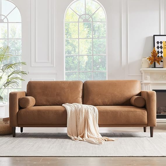 HIFIT 79" Brown Faux Leather Couch for Living Room, Mid-Century Modern Sofa | Comfy 3 Seater Sofa w/2 Pillows, Cloudlike Cushion, 21" Deep Love Seat for Office, Bedroom, Solid Wood Frame, 800 lb Capacity