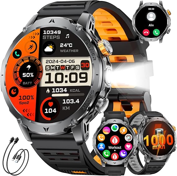 Military Smart Watches for Men(3 Bands),1000mAh Battery/1.7" HD Large Screen Smartwatch, LED Flashlight/120+ Sports Modes/Sleep Monitor, IP68 Waterproof Fitness Tracker Watch for Android iOS,Black