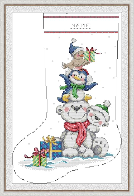 CaptainCrafts Cross Stitch Kits Stamped Cross Stitch Printed 11CT Fabric Needlecrafts Embroidery Kit Christmas Stocking (Polar Bear, Preprint Stamped 11CT, 16.624.4 Inch)