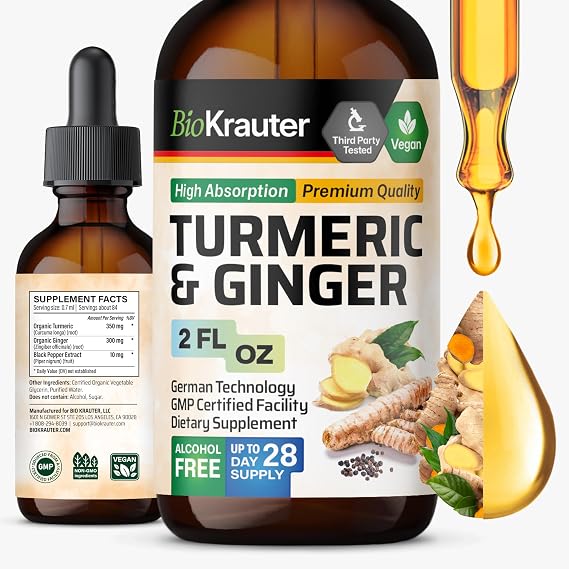BIO KRAUTER Turmeric and Ginger Supplement - Pure Vegan Liquid Turmeric & Ginger Tincture with Pepper 2 Fl.Oz 28 Days of Supply - Curcumin Drops for Mobility Support, Antioxidant & Immune Support