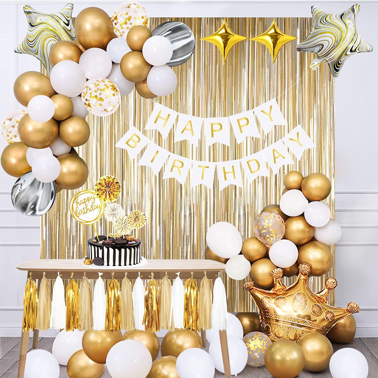Gold Birthday Decorations - Gold Party Decorations Set with Birthday Banner, Gold White Confetti Balloons, Gold Foil Birthday Background, Tassel Garland, Cake Toppers for Girls Women Men Kids Baby
