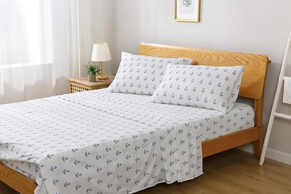 Safdie Bedding 4 Piece Bed Sheets Queen Breathable Hotel Comfort Hypoallergenic Microfiber - Deep Pockets - Wrinkle and Fade Resistant - Sheets & Pillowcases - Blue Anchor