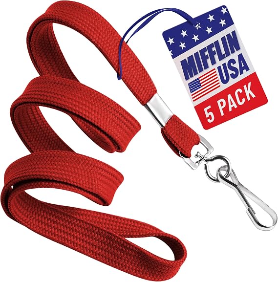 MIFFLIN-USA Flat Lanyards for ID Badges (Mixed Color, 36 Inch, 5 Pack), Comfortable Neck Straps | Mifflin-USA soft & comfortable lanyard, 18 standard hanging length, reliable metal swivel J-hook, durable polyester fabric