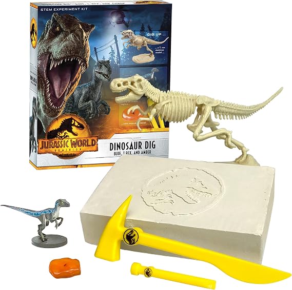 Jurassic World Dominion Dinosaur Dig Blue, T. Rex & Amber | STEM Excavation Kit from Thames & Kosmos | Dig Out Prehistoric Treasures with Custom Jurassic World Tools | Safe, Dust-Free Activity